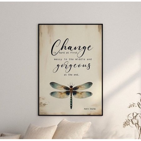 Poster Affirmation Inspirational Positive Wall Art, Change is Gorgeous Robin Sharma Quote, Vintage dragonfly, Feeling Wheel, You can do it-UNFRAMED