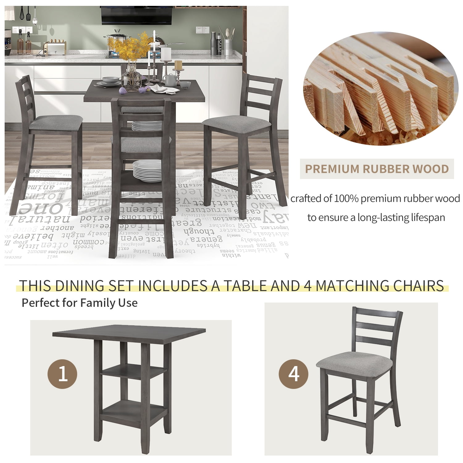 Euroco 5-Piece Counter Height Dining Table Set for 4,Wood Dining Table with 4  High Back Chairs & Open Storage Shelves,Kitchen Table Set for Small Space
