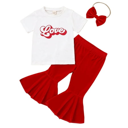

Zlekejiko Toddler Girls Valentine s Day Short Sleeve Letter T Shirt Pullover Tops Bell Bottoms Pants Headbands Kids Outfits