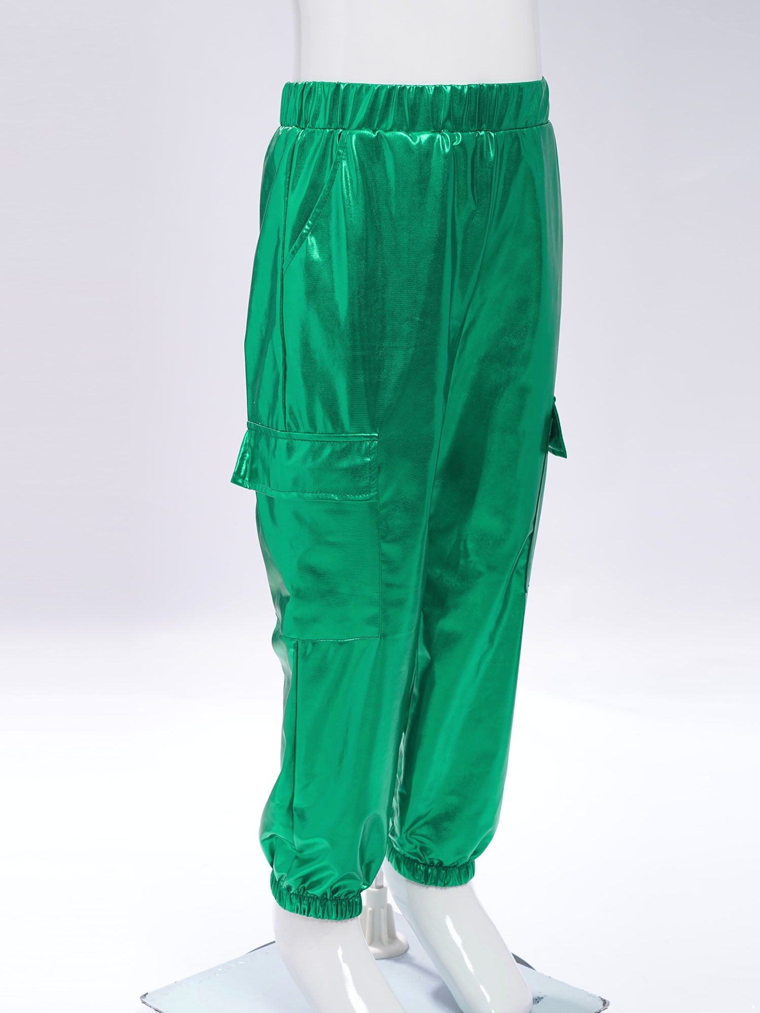 RUNQHUI Girls Boys Metallic Shiny Cargo Pants Kids Multi Pockets Joggers Holographic Hip Hop Jazz Dance Trousers Green 10