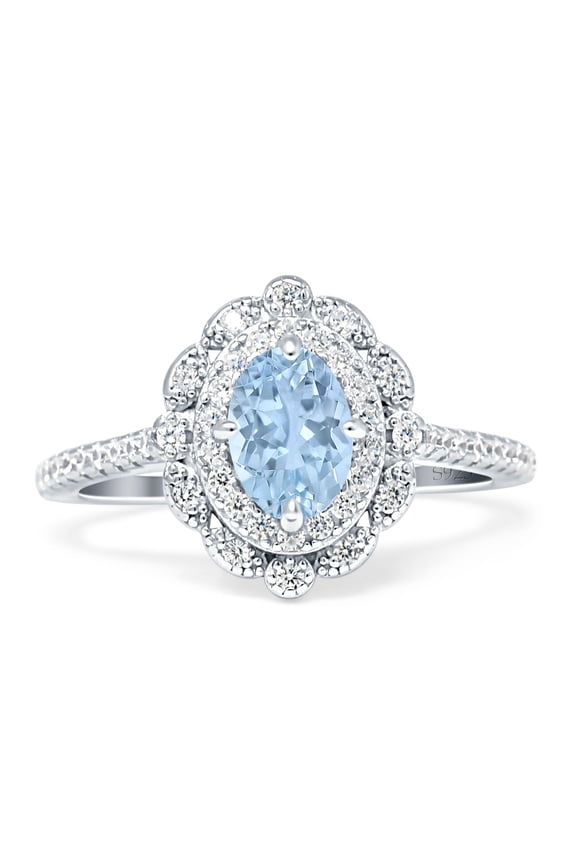 Co. Floral Oval Vintage Women Engagement Ring Aquamarine 925 Sterling Silver