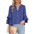 thumbnail image 6 of Xdegoge Cotton Linen Blouses for Women V Neck 3/4 Ruffle Sleeve Tops Casual Henley Shirts Loose Fit Tunic Tops for Leggings Summer Lightweight Breathable Shirts, 6 of 9