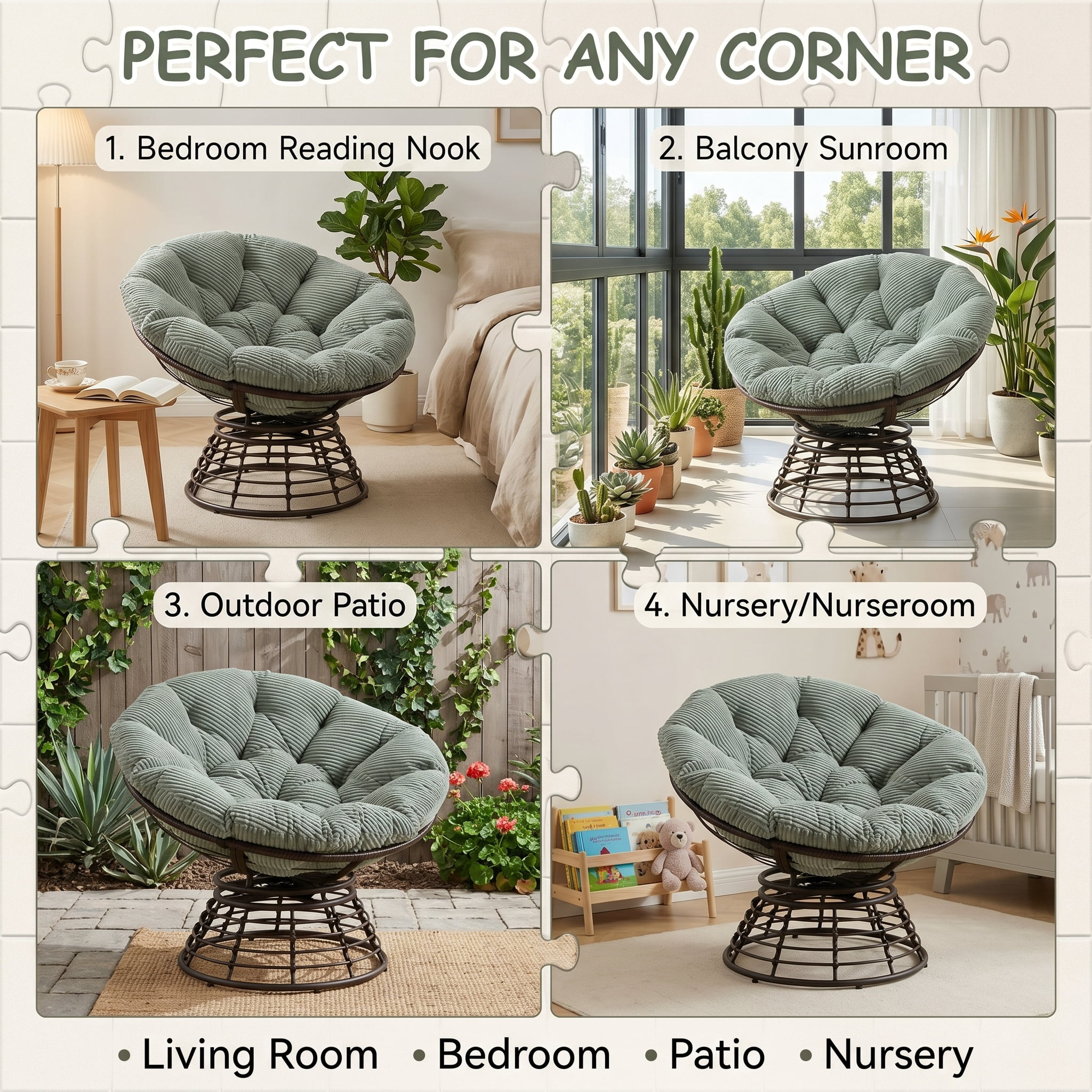 360° Swivel Wicker Papasan Chair with Ergonomic Over-Stuffed Cushion, Modern Rattan Saucer Chair for Living Room & Bedroom