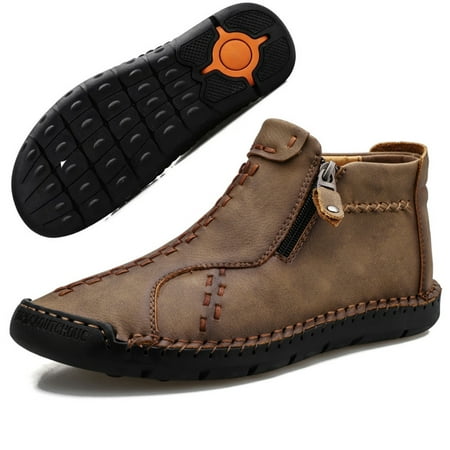 LASUDRAA Mens Ankle Boots Leather Casual Fashion Loafers Shoes Side Zipper Boots Hand Stitching