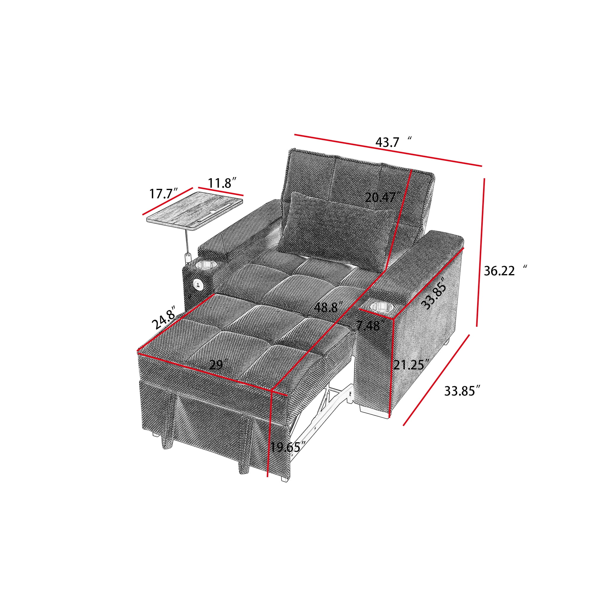 Gewnee 3-in-1 Convertible Sleeper Chair with Adjustable Backrest,Pull-Out Single Sofa Bed with Swivel Side Table & USB Ports & Cup Holder,Perfect for Dorms,Offices.Coffee