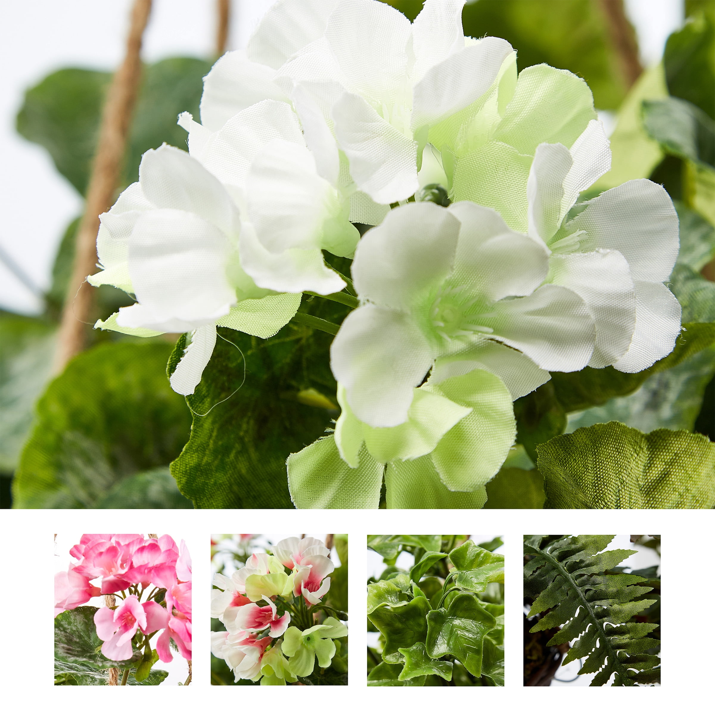 Pure Garden Faux Flowers – White Geranium Hanging Natural and Lifelike Floral Arrangement with Basket