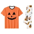 thumbnail image 4 of Family Halloween Pajamas Matching Sets, Orange Jack‑o‑Lantern Face Ghost Print Soft Short Sleeve Top and Long Pants Halloween Pajamas for Family, 2 Piece Holiday Sleepwear Halloween Family Pjs Set, 4 of 7