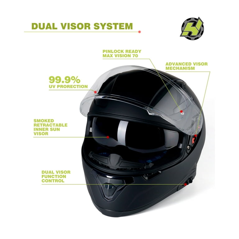 Black XS Adult Full Face Helmet w/ Retractable Sun Visor