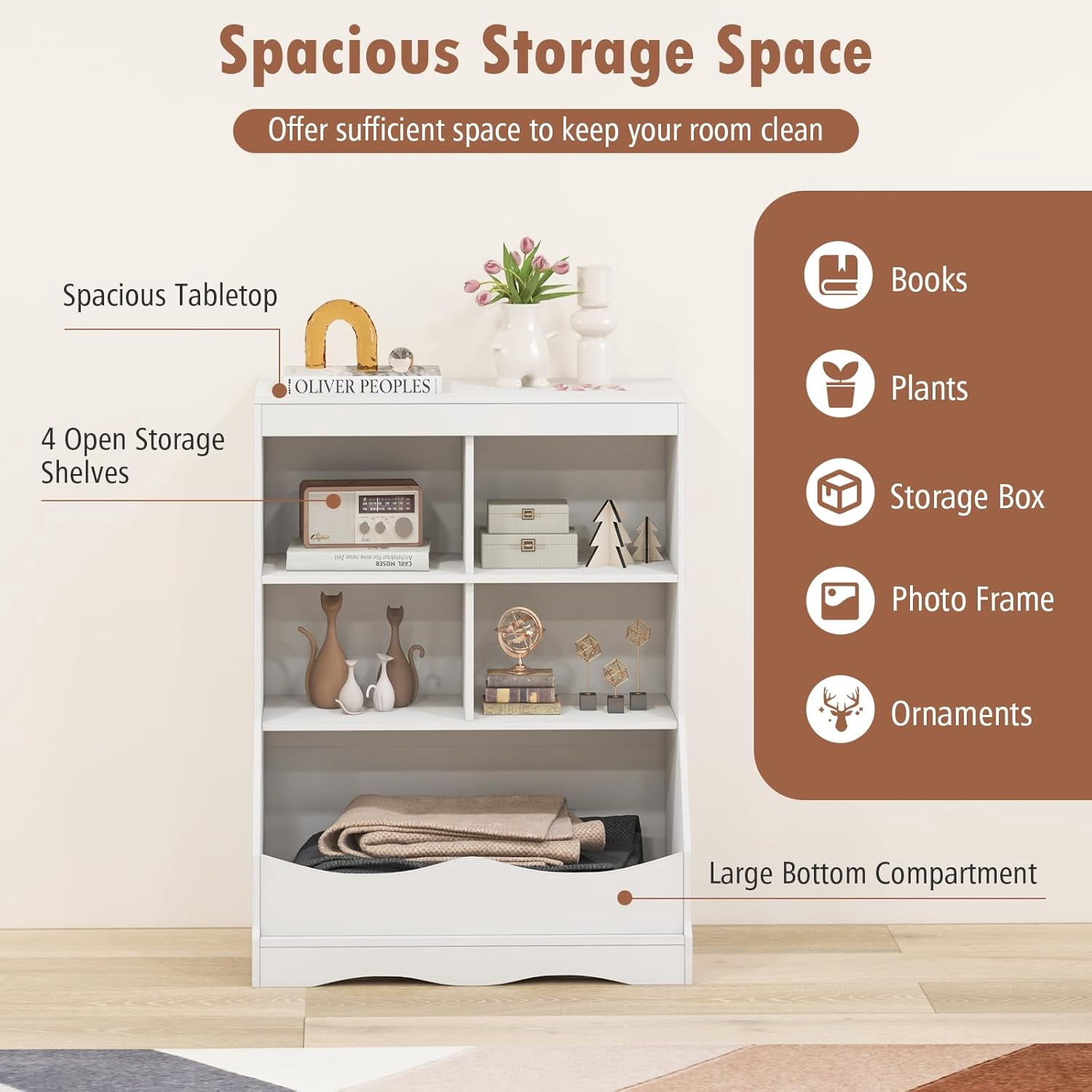 LINJH Storage Cabinet, Small Bookshelf, Short Bookcase with 4 Open Cube & Bottom Compartment, Anti-Tipping Device, Foot Pads, Cubby Storage Organizer for Study, Living Room-White
