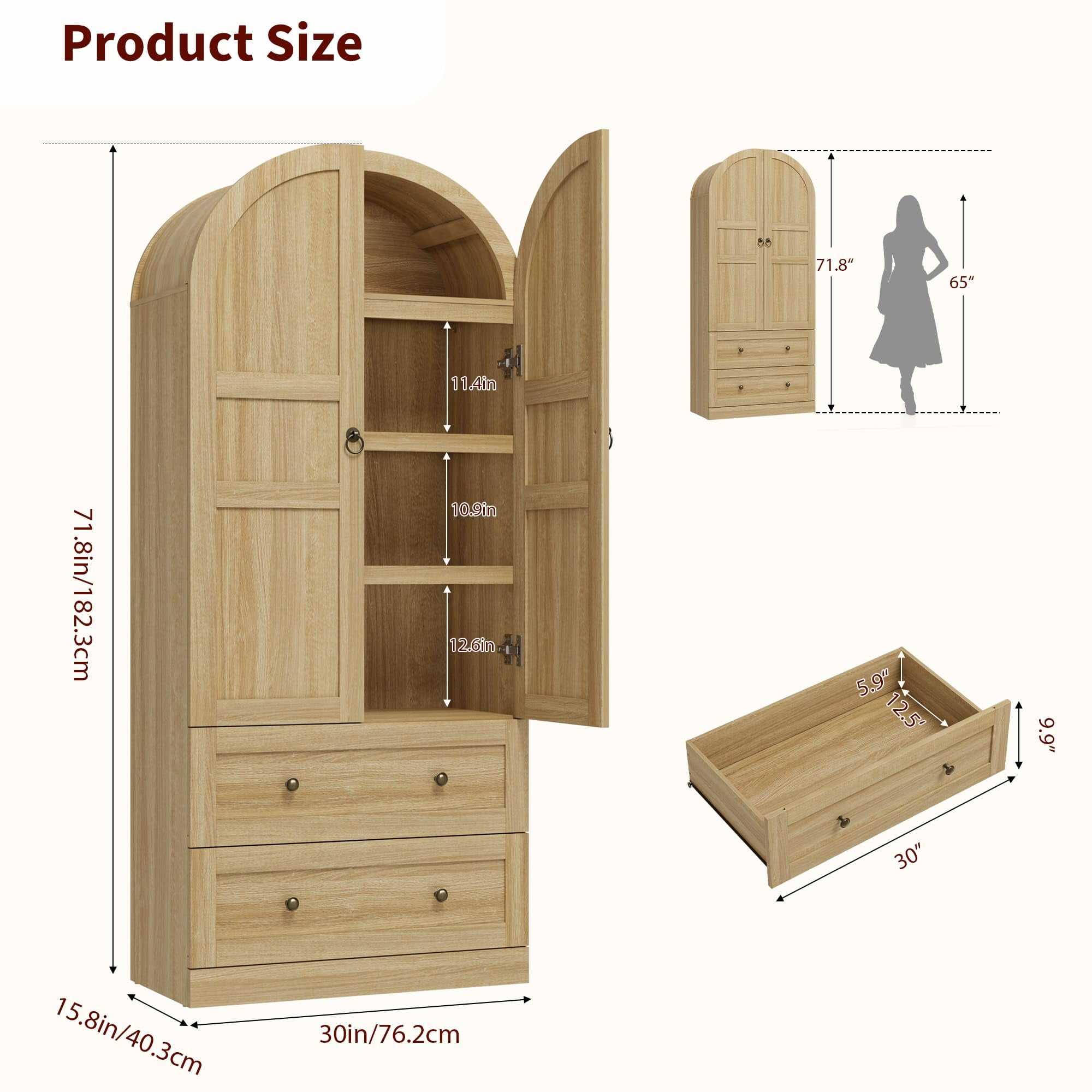 Luku Tall 72 inch Arched Pantry Cabinet, Farmhouse Freestanding Wood Storage with Wood Doors, 2 Drawers, 3 Shelves, Versatile Organizer for Kitchen, Dining, Living Room