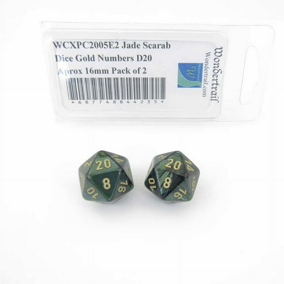 Jade Scarab Dice with Gold Numbers D20 Aprox 16mm (5/8in) Pack of 2 Wondertrail