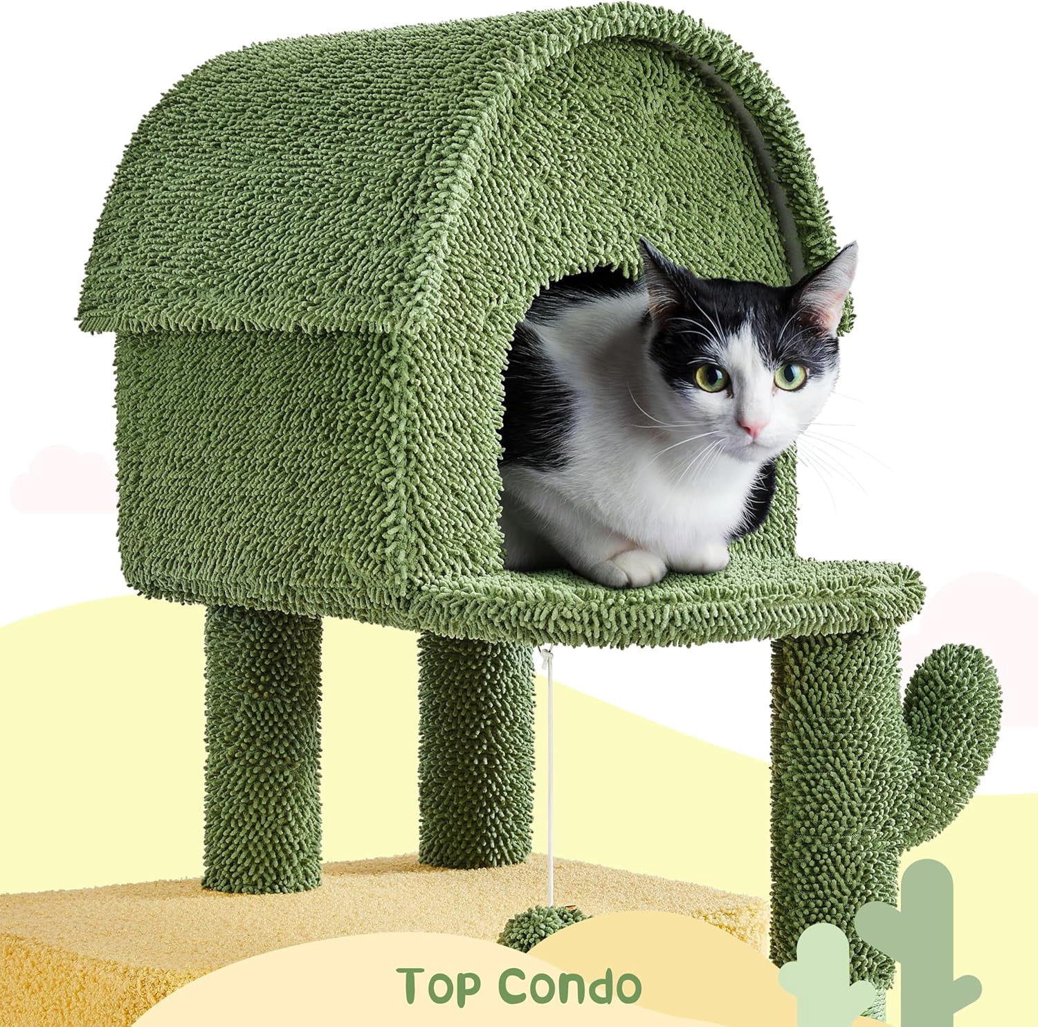 WSWJY 68.5in Tall Cactus Cat Tree, Multi-Level Tower with 2 Large Condos, Scratching Posts, 2 Acrylic Clear Bowls, Mushroom Perch & Dangling Balls