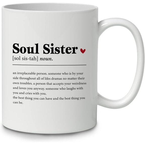 Black White Minimal Soul Sister Definition Heart 11oz Coffee Mug Ceramic Cup with Handle Double Side Printed Funny Soul Sister Mug Gifts for Women Friends Bestie Best Friend Her