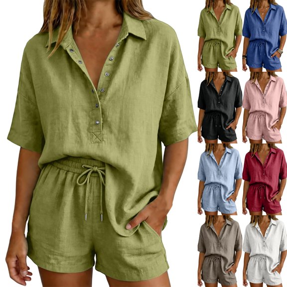 Linen Lounge Short Sets for Women Summer Two Piece Shorts and Short Sleeve Top Matching Sets Casual Beach Outfits Army Green L