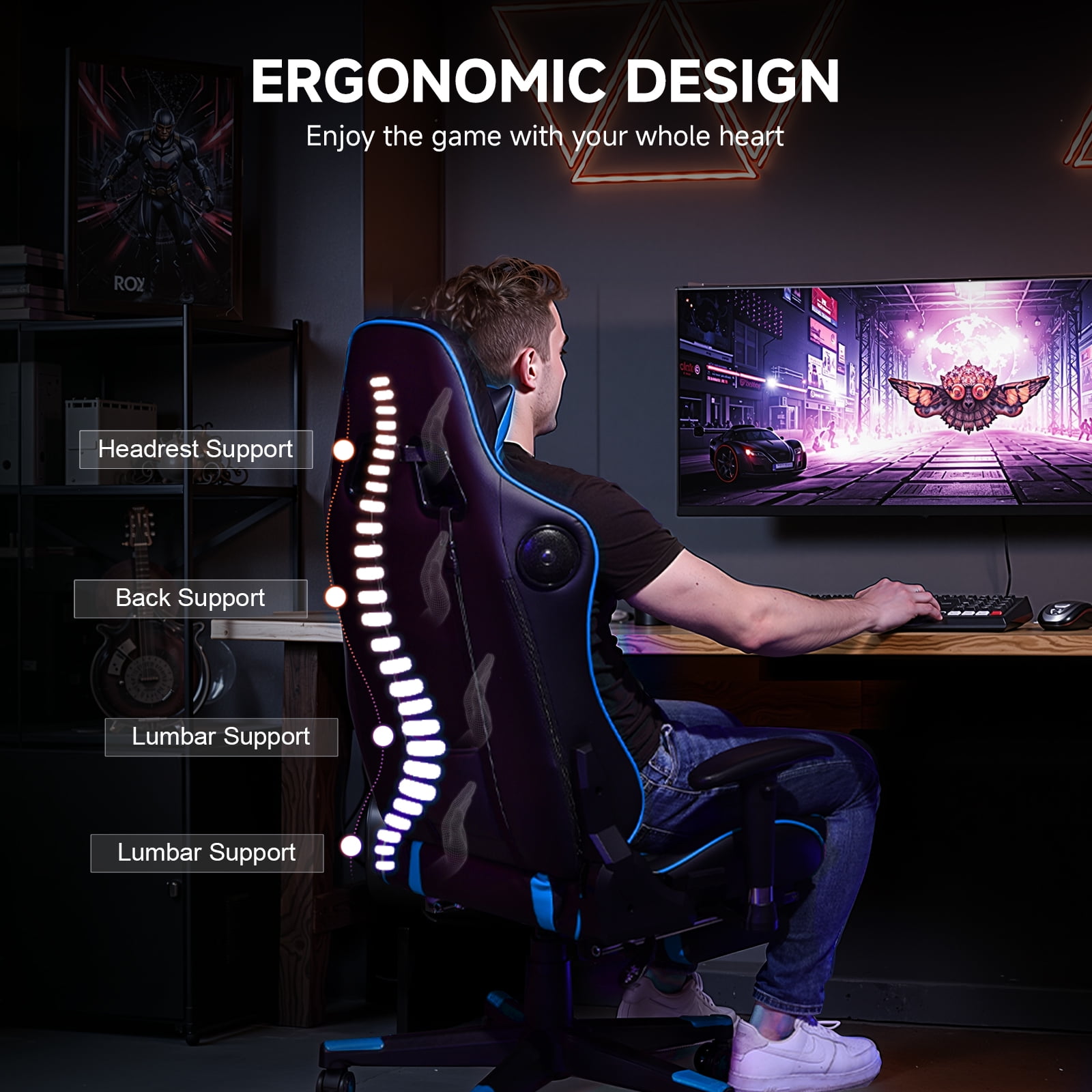 GTPLAYER Gaming Chair with Bluetooth Speakers Footrest PU Leather Music Office Chair, Blue