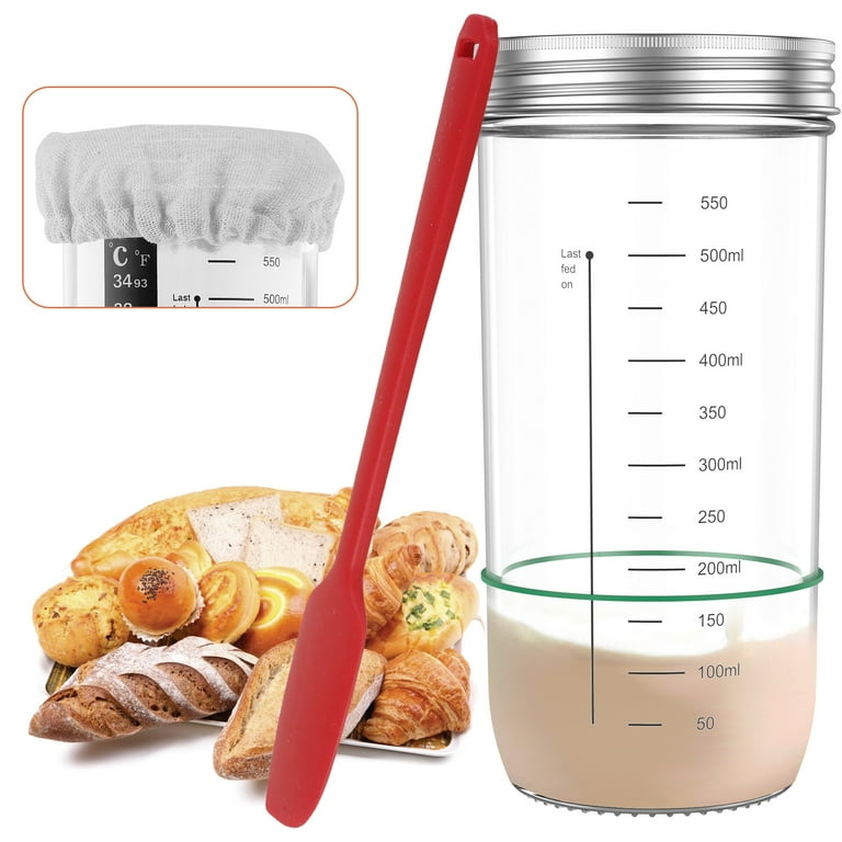 Glass Sourdough Starter Kit - 36 Oz Jar With Lid, Tracker Band, Thermometer, Scraper, Whisk & More