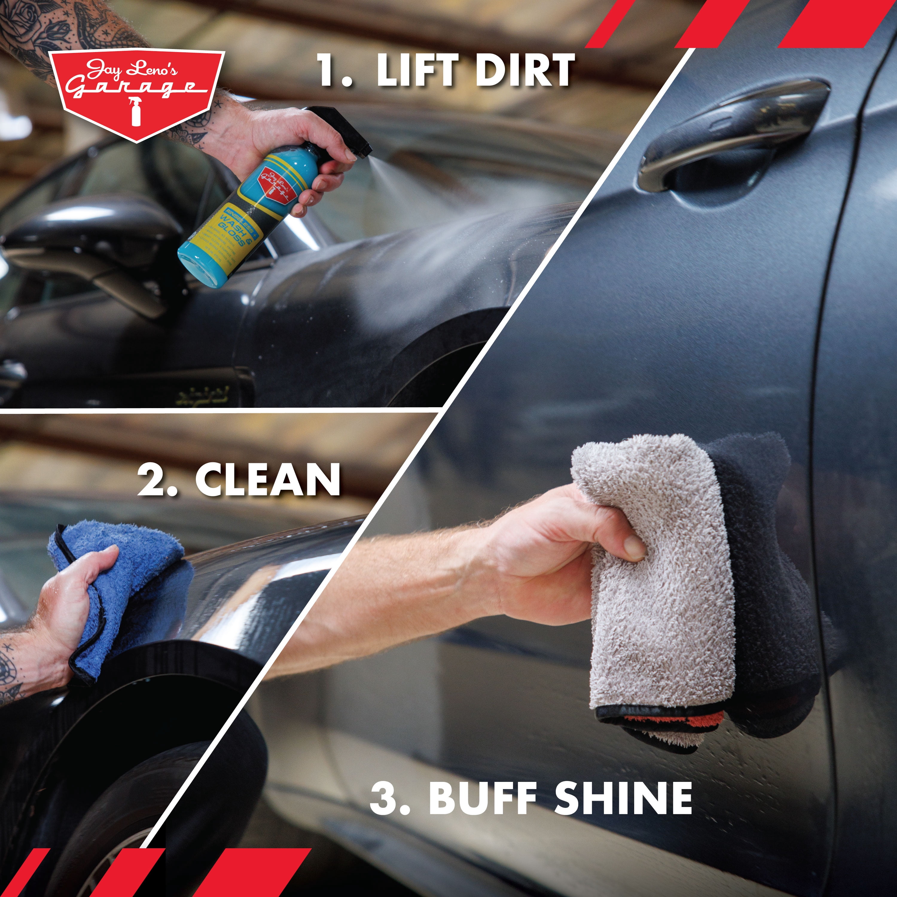 Jay Leno's Garage Rinseless+ Wash & Gloss (16 oz) – Waterless Car Wash Formula for Shine & Protection, No-Rinse, Eco-Friendly, Safe for All Finishes