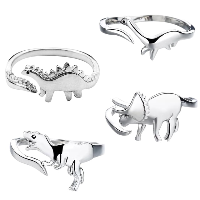 Anillo de dinosaurio de metal, anillo geométrico abierto con animales, bisutería japonesa y coreana (4 anillos en un paquete)