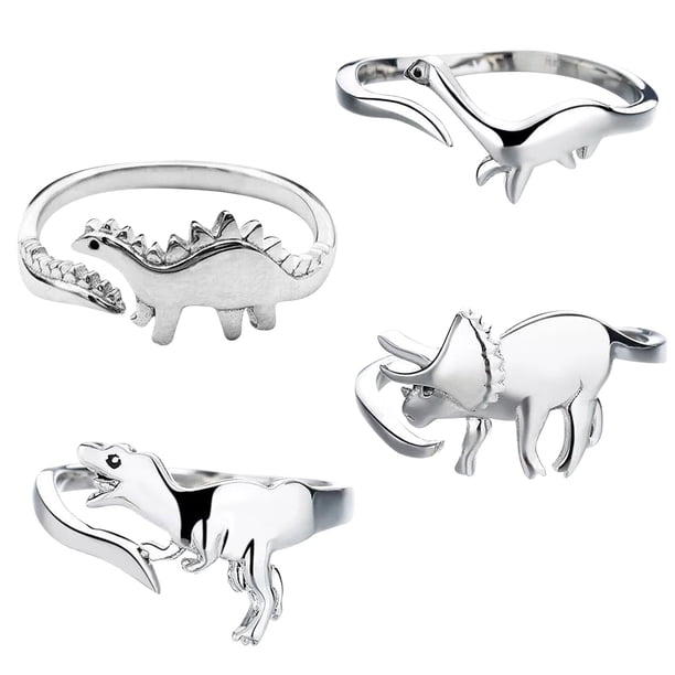 Anillo de dinosaurio de metal, anillo geométrico abierto con animales, bisutería japonesa y coreana (4 anillos en un paquete)