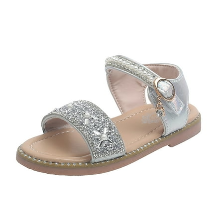 

Girls Sandals Rhinestone Pearl Open-Toe Soft Sole Heel Strap Lightly Princess Party Dress Shoes For Girl Size 21;12-15 M