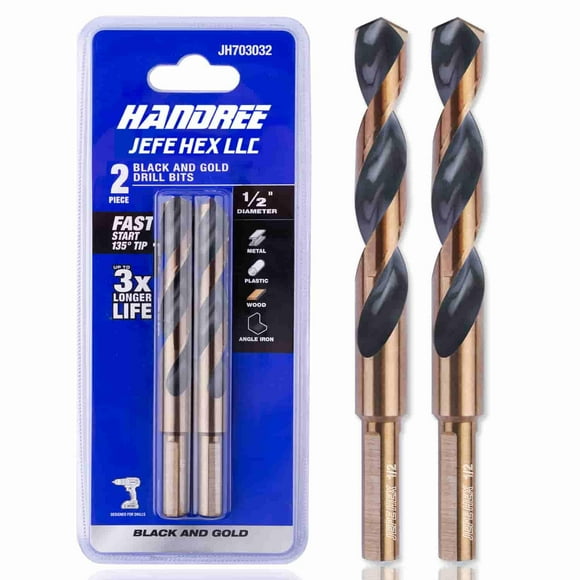 JEFE HEX 1/2" Dia. 5" OAL HSS Twist Drill Bit, General Purpose, 3-Flat Shank, Black and Gold Finished, 135 Degree Split Point, Ideal for Steel/Wood/Copper/Aluminum/Zinc Alloy/Plastic. (2-Piece)