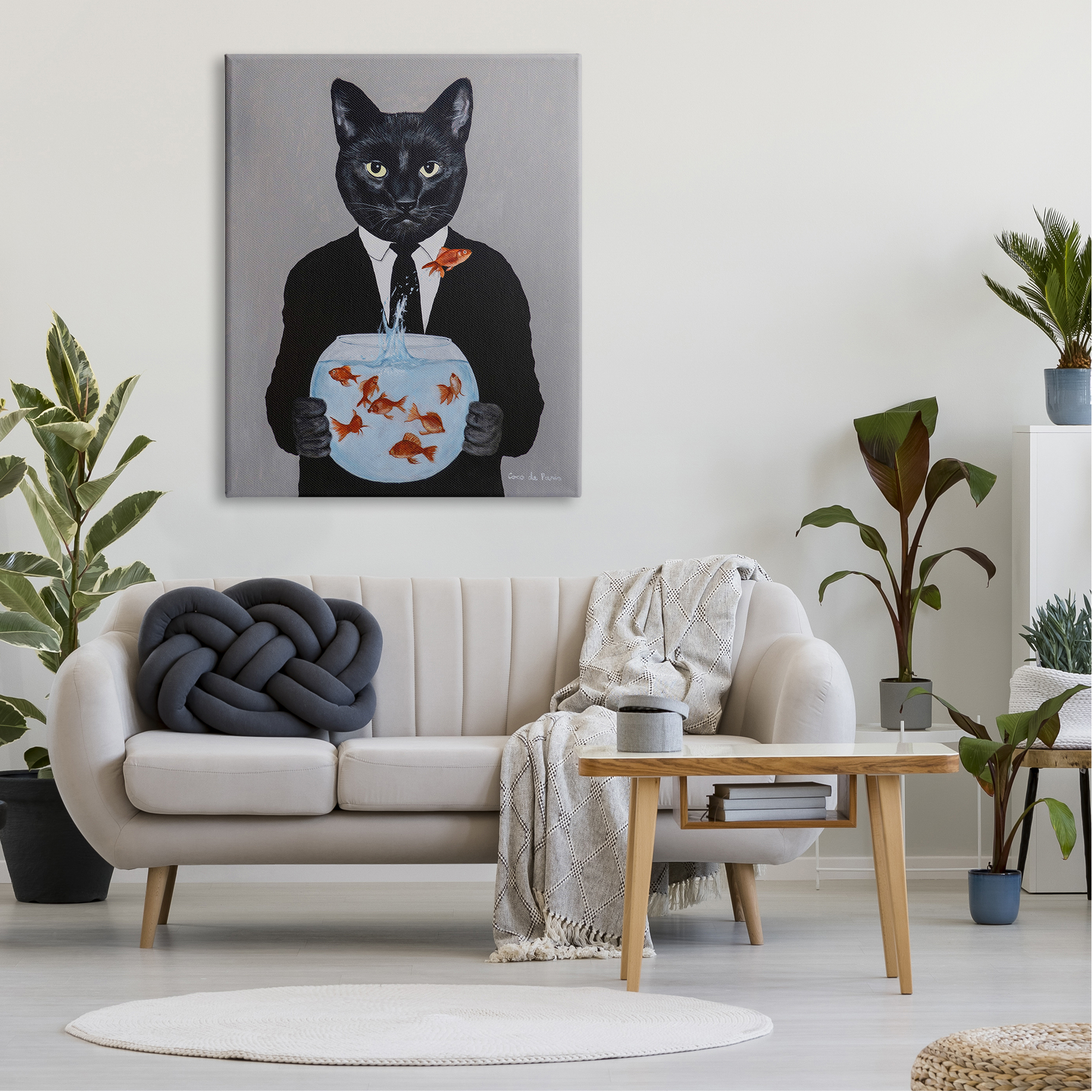 Stupell Industries Black Cat Fashion Suit Goldfish Jumping Fishbowl Painting Novelty Painting Gallery-Wrapped Canvas Print Wall Art, 36 x 48, Design by Coco de Paris