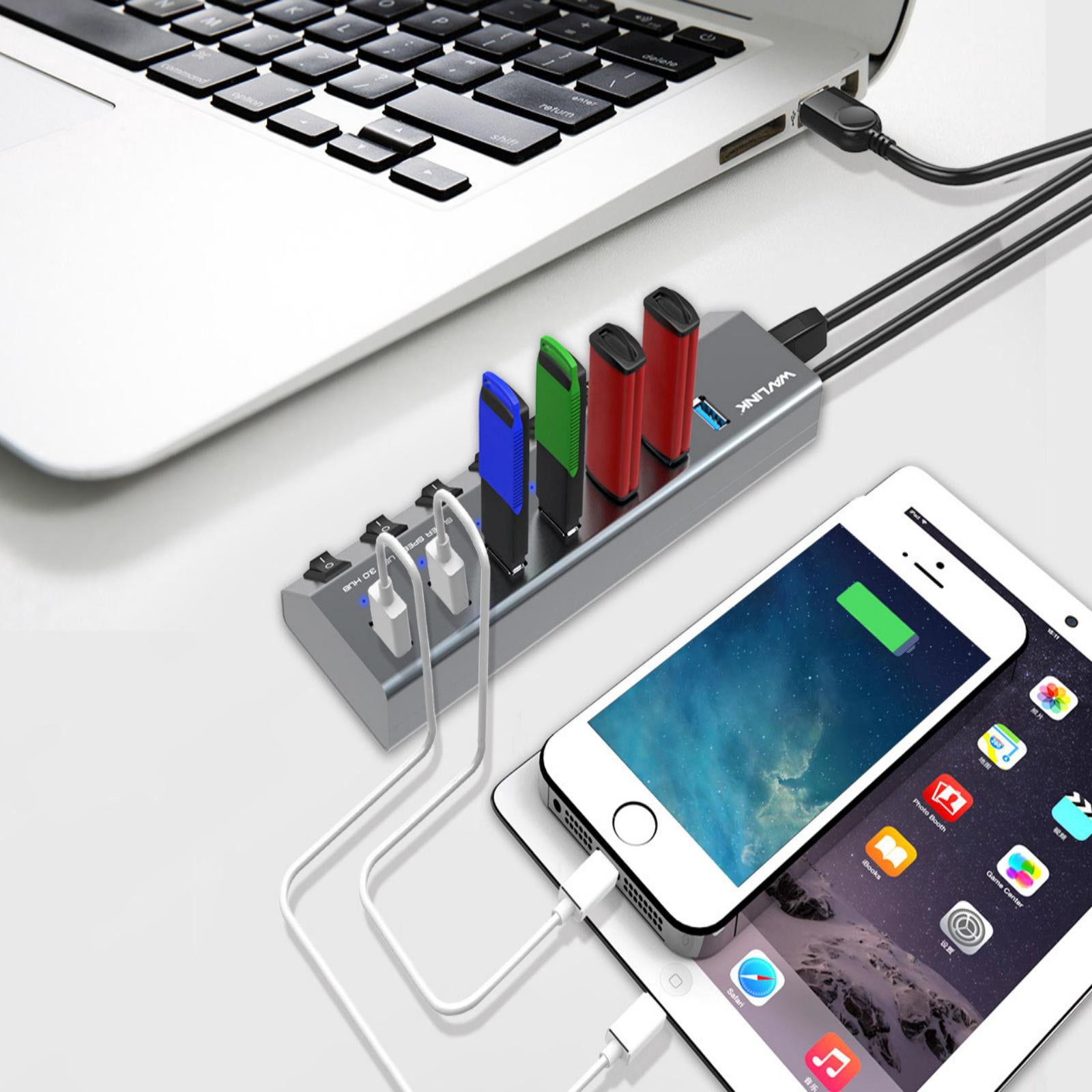 7-Port USB 3.0 Superspeed Hub with 48W Power Adapter, On/Off Switches with BC 1.2 Charging Support for Macbook, iPad, iPhone, Laptops, Tablets, Mobile HDD and more
