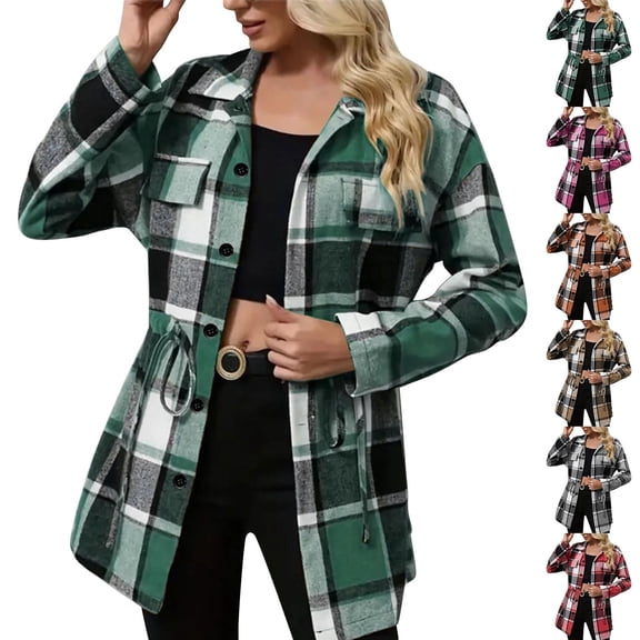 LWITHSZG Shackets for Women Drawstring Waist Long Sleeve Button Down Plaid Jackets Fall Winter Fashion Going Out Tops Casual Outerwear Size S