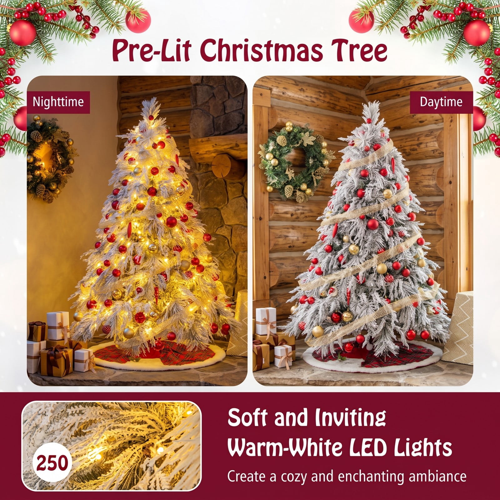 RUIE 6 FT Pre-Lit Snow Flocked Artificial Christmas Tree with 250 Warm White LED Lights, Hinged Xmas Pine Tree with Metal Stand for Home Office Holiday, White & Green