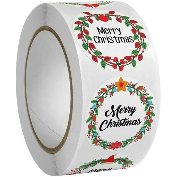 500 Pcs Merry Christmas Stickers, Winter Holiday Round Wreaths Labels Stickers for Gift Packing Cards Envelopes Party Supplies
