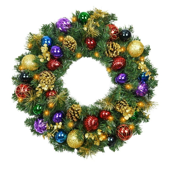 Jeco Inc. 30" Christmas Wreath with Ornaments and Lights in Multi-Color