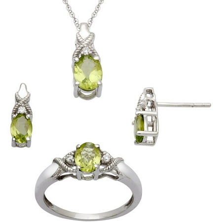 Color Peridot Channel Set - 2.6 Carat T.G.W. Peridot and CZ Sterling Silver Oval Pendant, Earrings and Ring Set