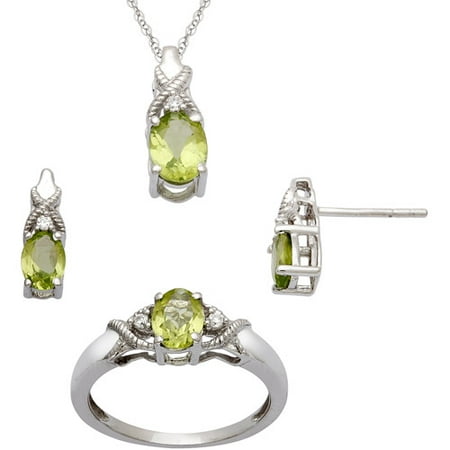 2.6 Carat T.G.W. Peridot and CZ Sterling Silver Oval Pendant, Earrings and Ring Set