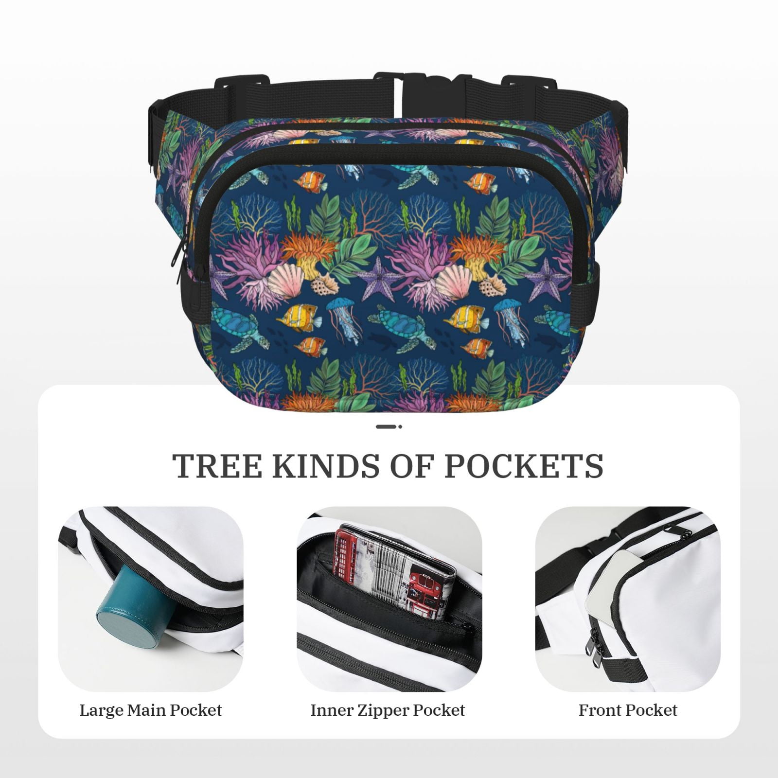 Picia Undersea Animals Print Square Double-Layer Waist Bag Mini Adjustable Waist Belt Bag Exercise Running Travel Hiking