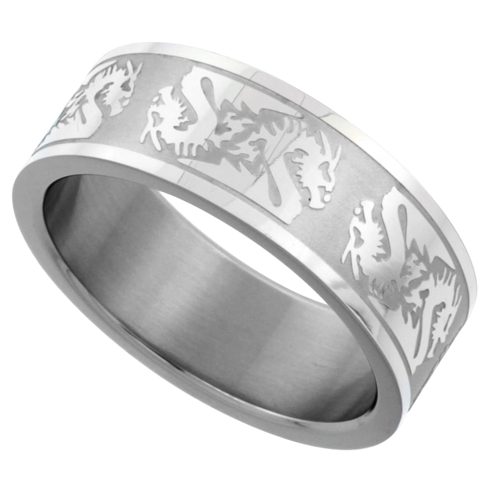Surgical Steel Dragon Cut Out Design Ring Domed 8mm Wedding Matte Finish Band