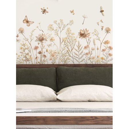 Boho Flower Wall Decals Wildflower Floral Dandelion DIY Peel and Stick Removable Bedroom Grass Wall Stickers Baby Nursery Girls Bedroom Kids Room Wall Decor