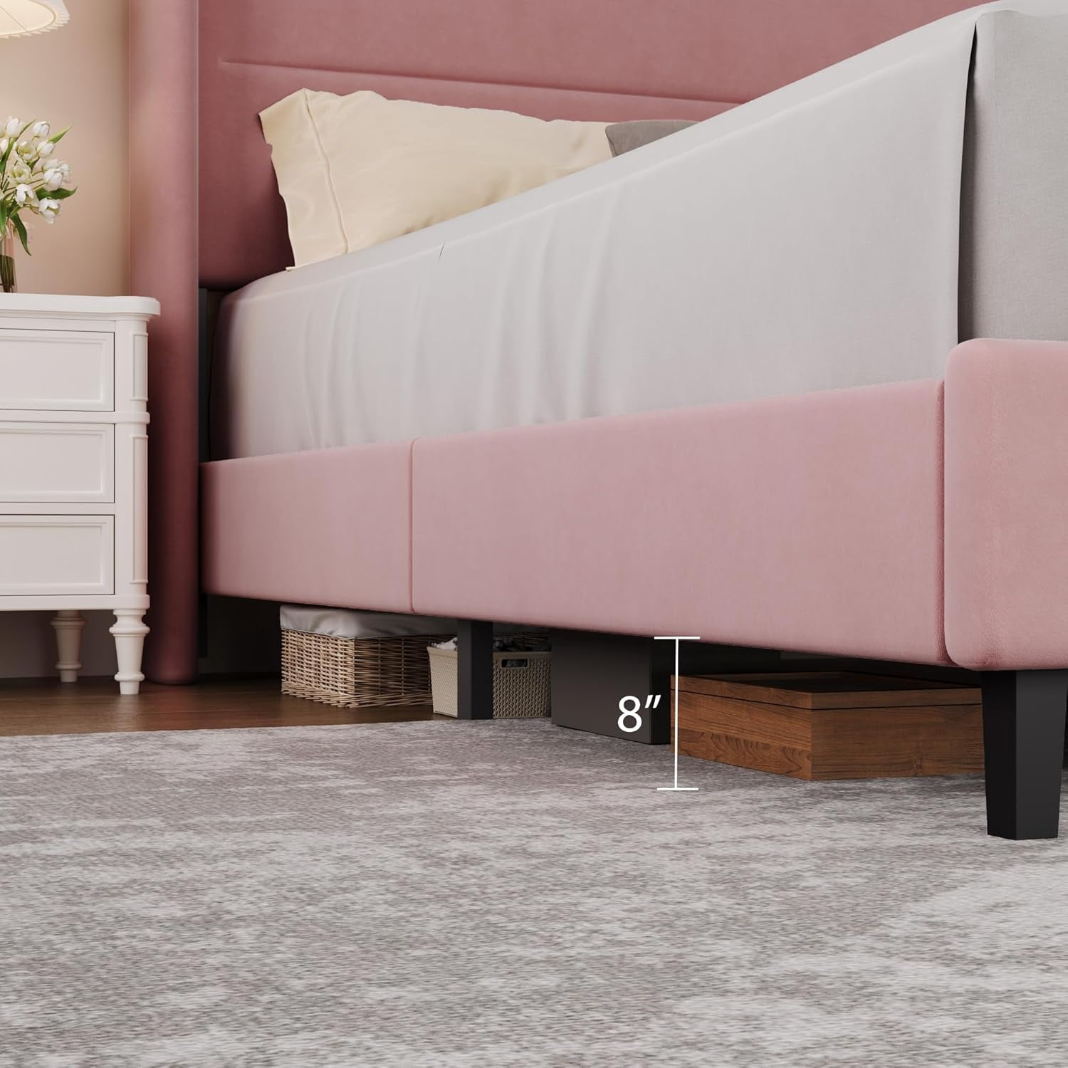 IDEALHOUSE Queen Size Bed Frame with Wingback Headboard, Velvet Upholstered Platform Bedframe with Wood Slats, No Box Spring Needed, Easy Assembly, Pink