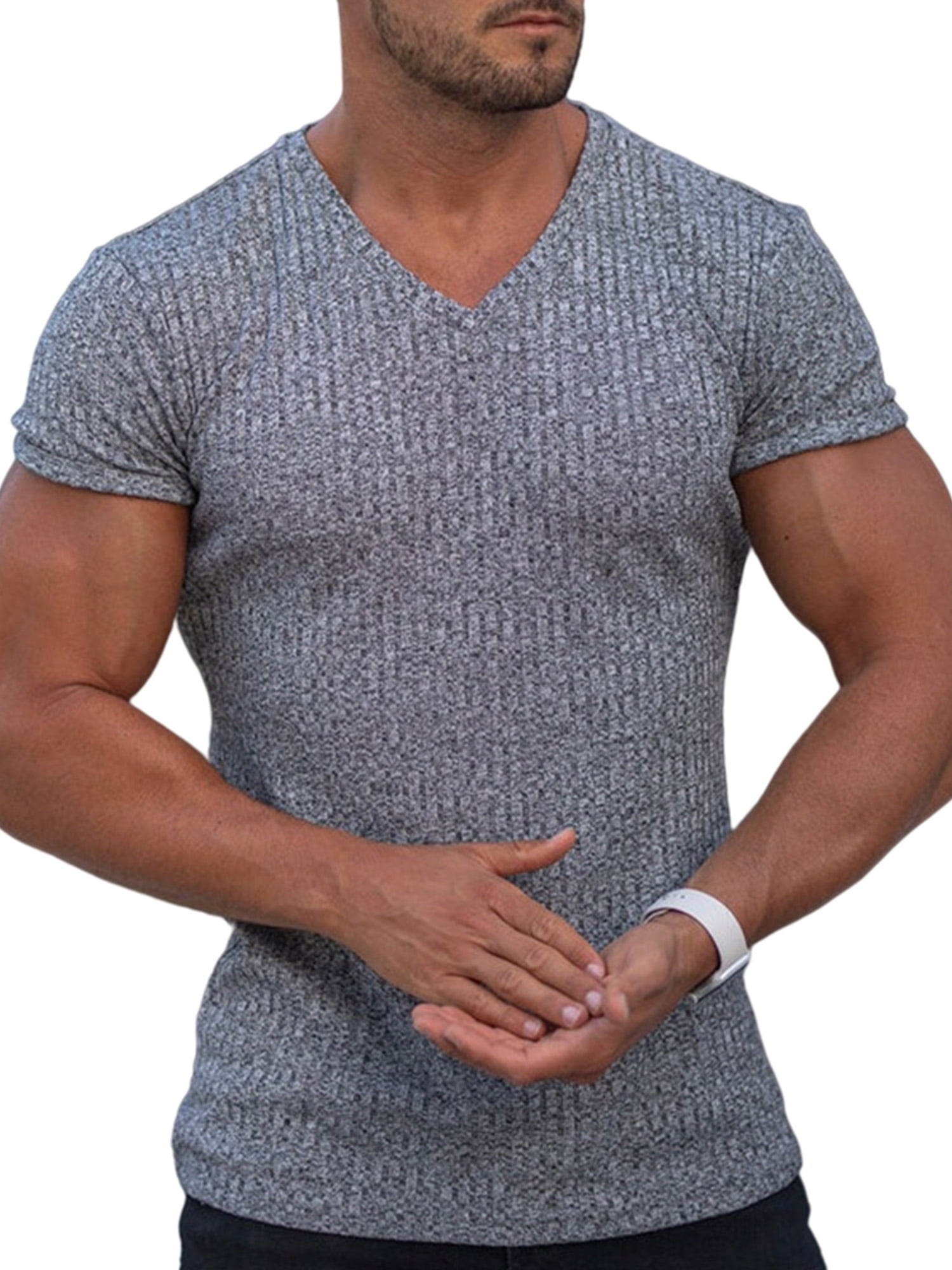 Mens Slim Fit V Neck Short Sleeve T Shirt Muscle Top Gym Plain Casual Tee Blouse 