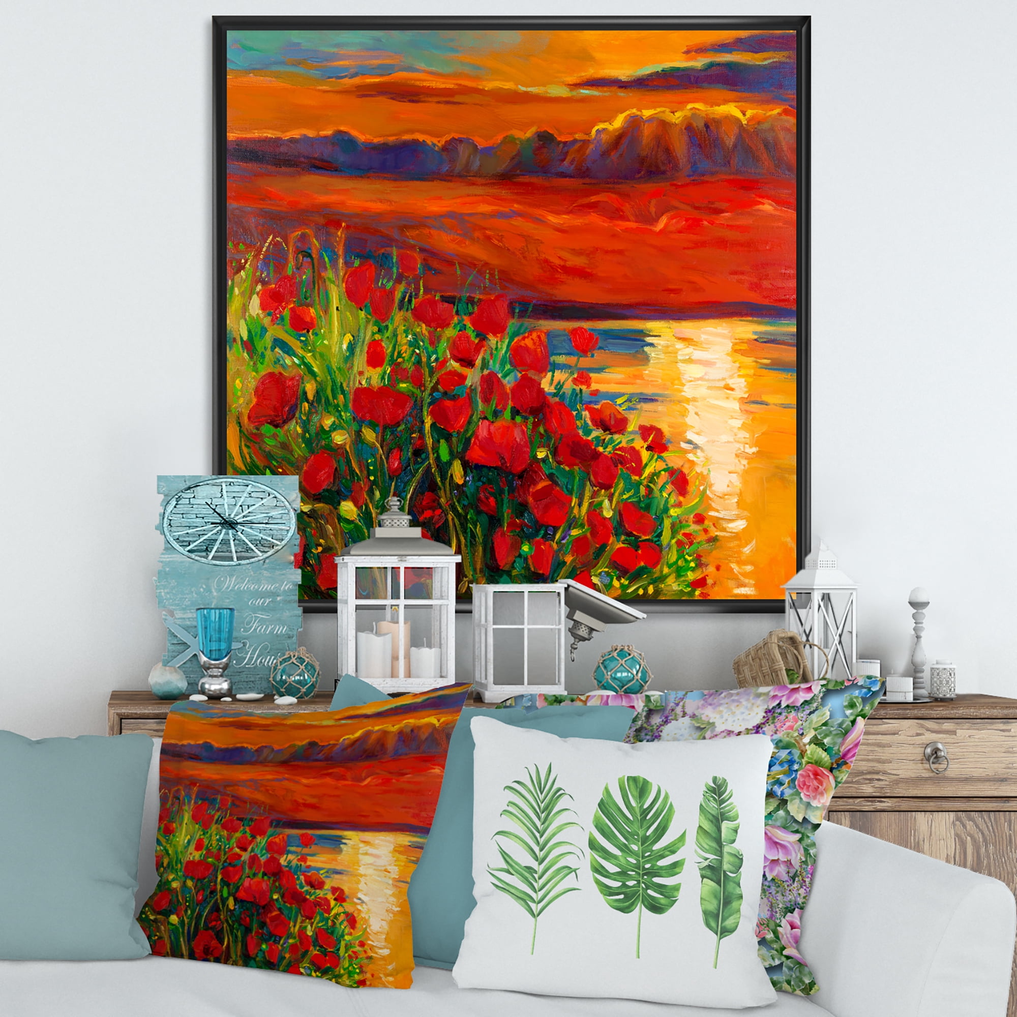 Designart 'Red Poppies By The Ocean During Evening Glow' Nautical & Coastal Framed Canvas Wall Art Print