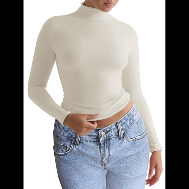 Camisetas Básicas para Mujer, Tops Cortos Ajustados para Salir, Lindas Camisetas de Cuello Alto para Adolescentes, Ropa de Larga Y2K Albaricoque L