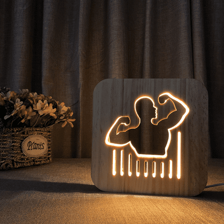

Night Light for Bodybuilding Wooden 3D Lamp Creative Wooden Lights 3D Wood Carving Pattern LED Night Light for Desk Table with USB Powered Home