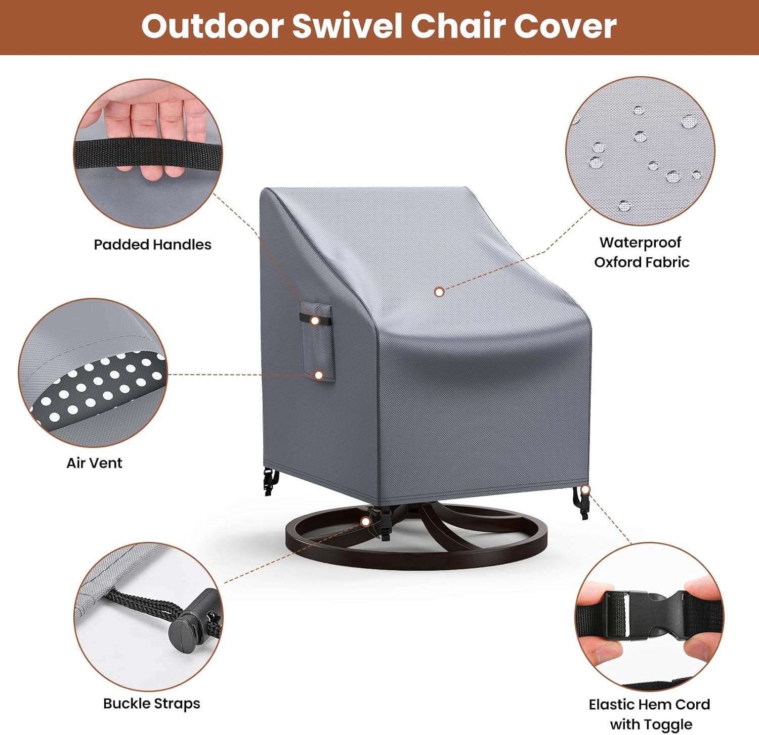 SUMMIT-Patio Chair Covers, 2 Pack Outdoor Swivel Lounge Chair Cover, Heavy Duty Patio Rocking Chair Covers, Patio Furniture Covers Waterproof, 30" W×34" D×38.5" H, Grey