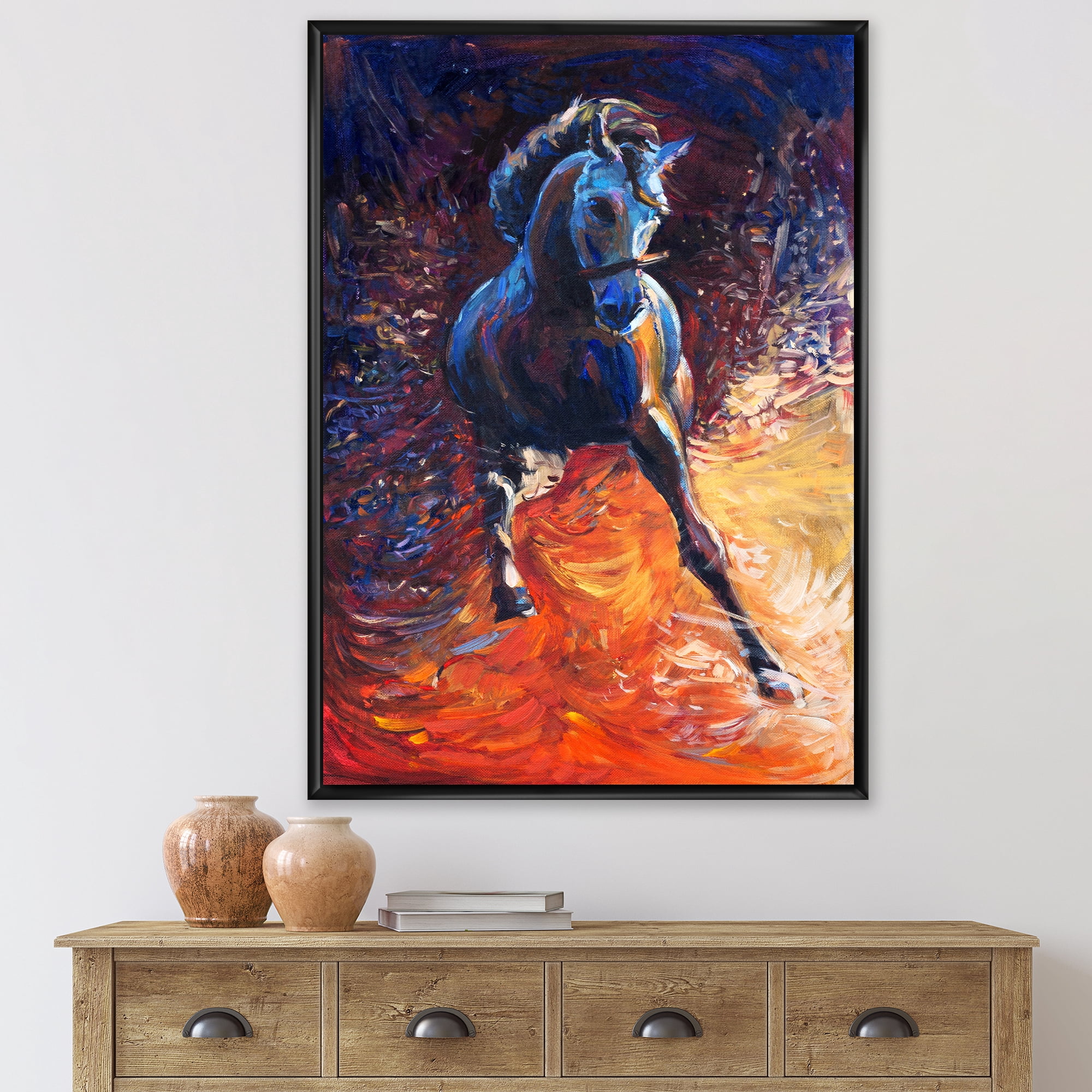 Designart 'Portrait Of A Galoping Blue Horse' Farmhouse Framed Canvas Wall Art Print