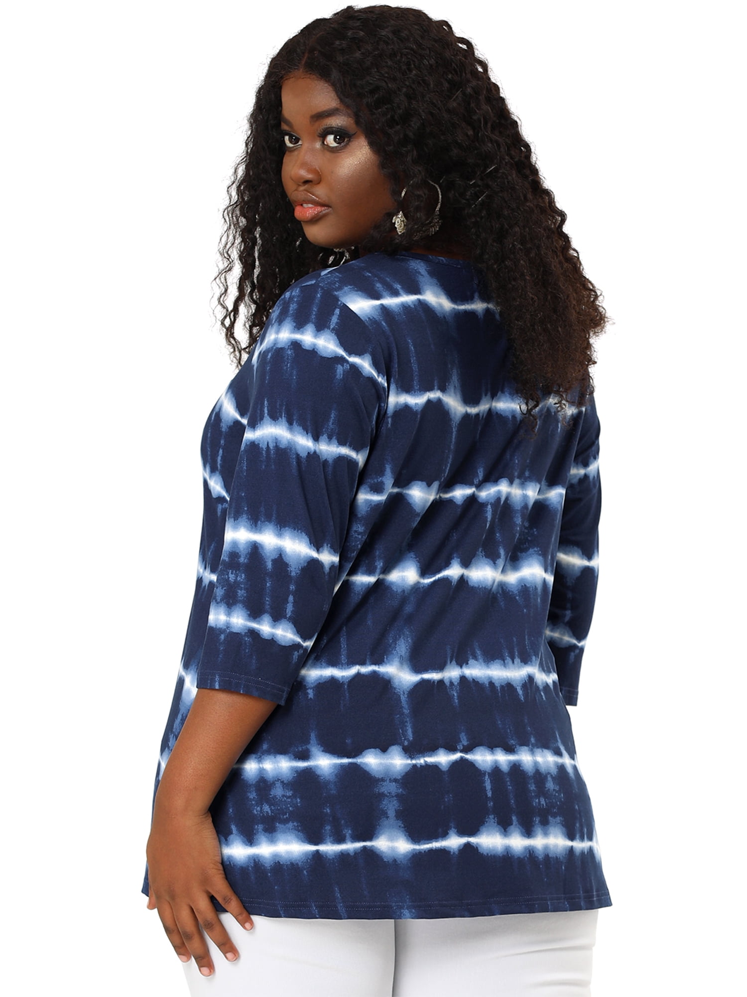 Unique Bargains Women's Plus Size 2 Packs Tie Dye V Neck Comfy Stripe Top 3X Blue/Hot Pink