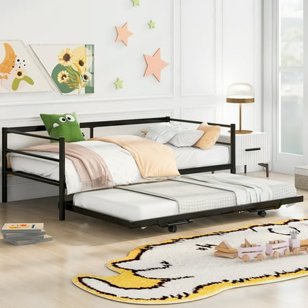 Gewnee Modern Metal Daybed with Adjustable Trundle Twin Size Frame Black