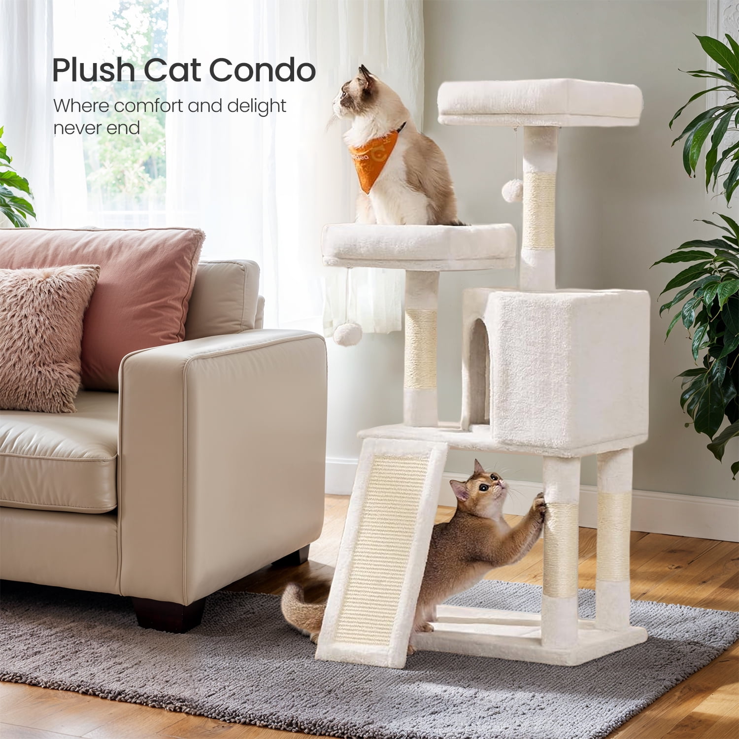 LEDREM Cat Tower, 45.3-Inch Indoor Cat Tree with Scratching Ramp, Perches, Spacious Cat Cave, Multi-Level Condo for Kittens, Adult Cats, Cream White