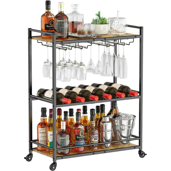 Bar Cart, 3 Tier Serving Home Bar with Lockable Wheels, Wine Rack and Glass Holders, Rolling Drink Mobile Liquor Cart for Kitchen Dining Livingroom, 24.9" x 11.8" x 32.1", Rustic Brown