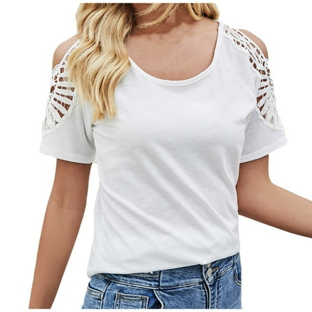 

White Blouse for Women Blouses for Women Business Casual Women Hollow Out Solid Color Splicing Short Sleeves O-Neck T-Shirt Blouse Tops Fashion Maternity Shirts White M