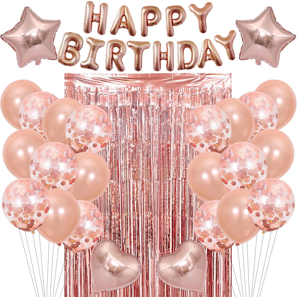 Pink Happy Birthday Banner Bunting with 10 Pcs 12 Inches Pink Latex Balloons & Confetti Balloons & 40 Inches Number Balloons for Girls Women Birthday Party Decorations