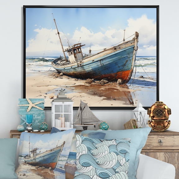 Designart "Angler'S Boat On Seashore" Coastal Boat Floater Framed Wall Art Living Room